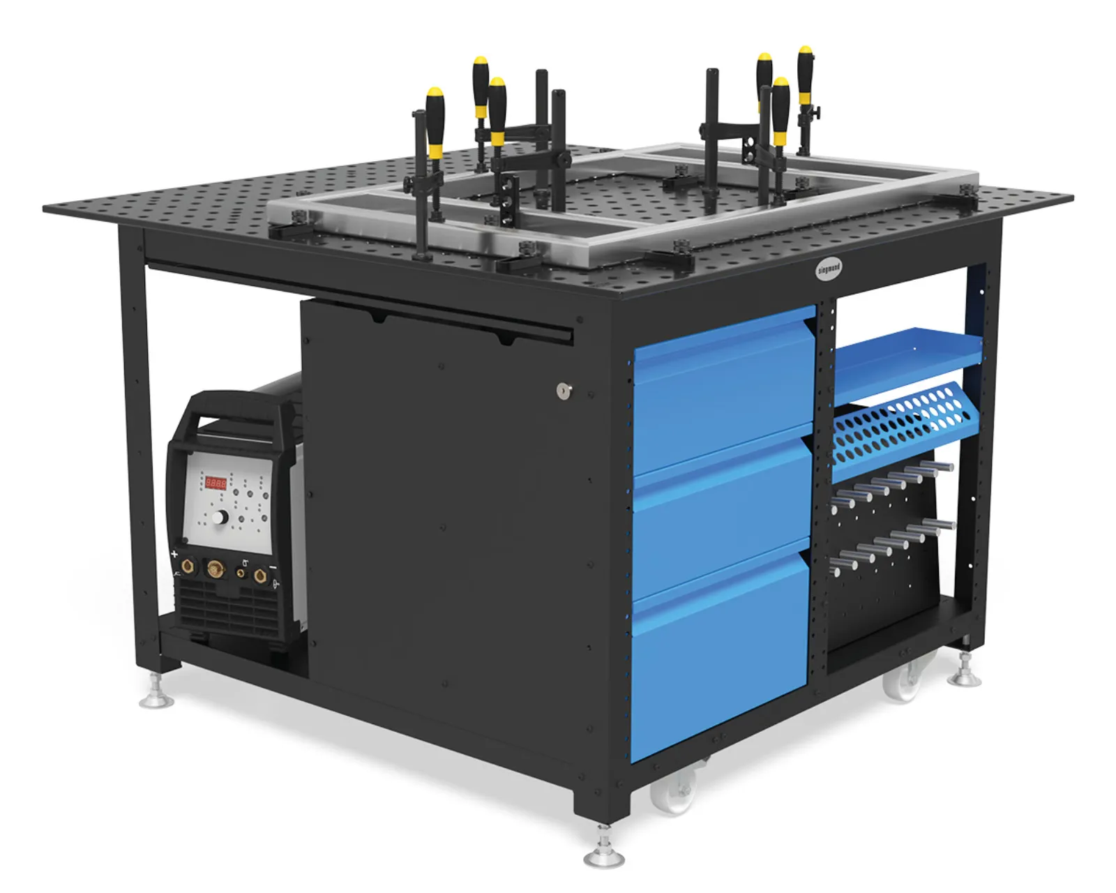 Siegmund S16 1200x1200 mm Workstation munkapad fiókokkal, szerszámtartóval és görgőkkel